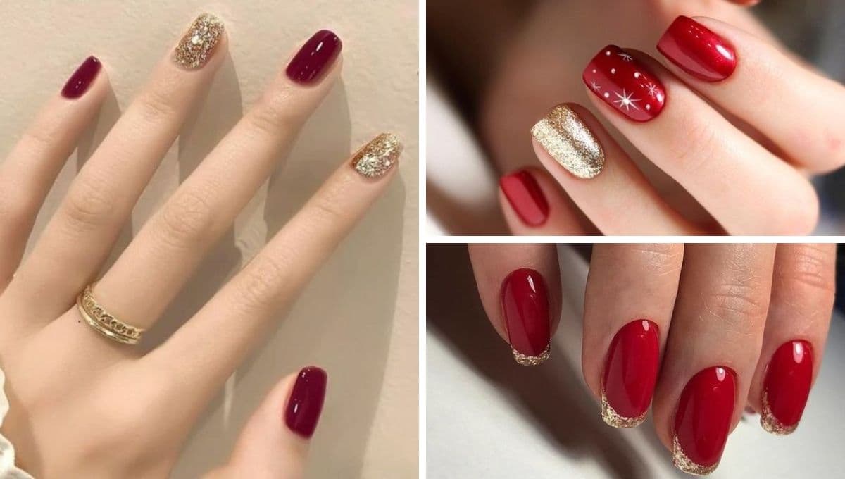 5 diseños de uñas rojas con dorado para una cita romántica en época navideña