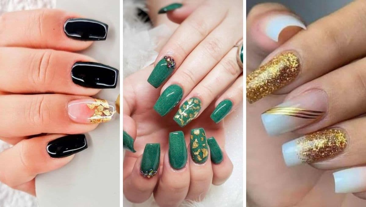 5 diseños de uñas con efecto pan de oro para una manicura navideña elegante