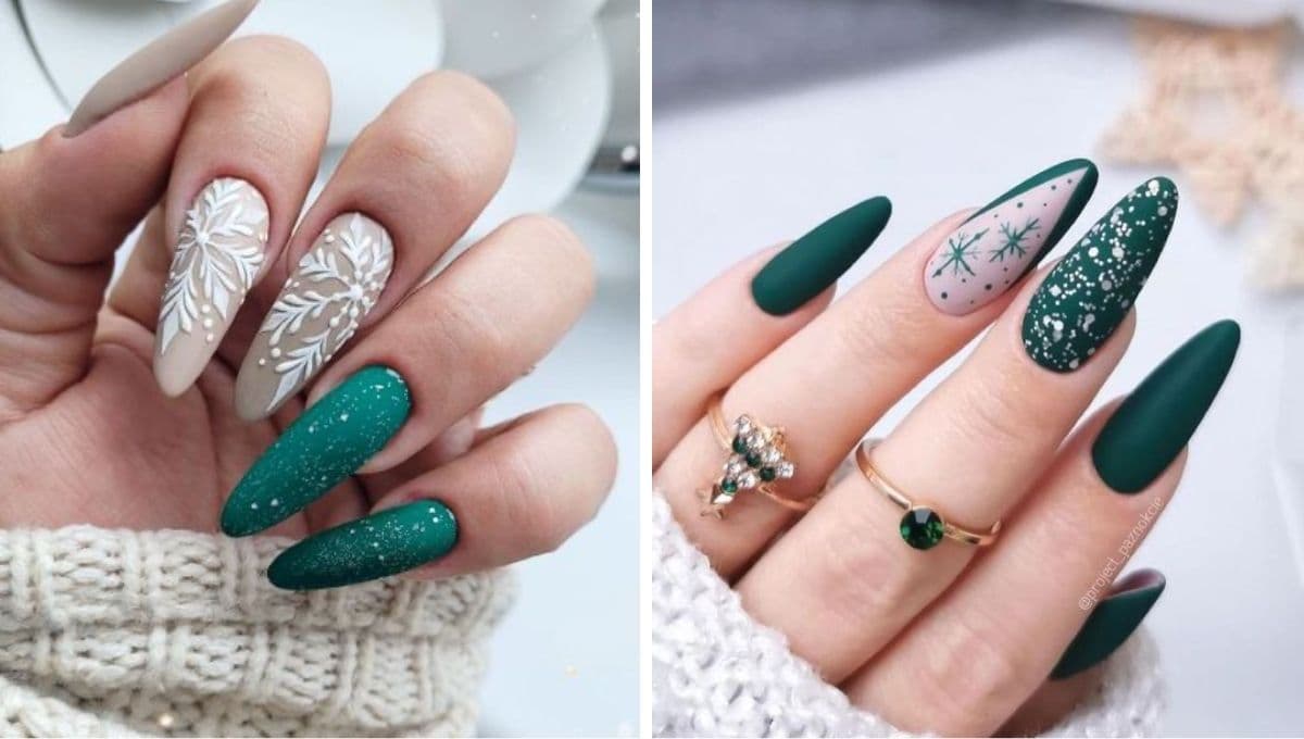 7 diseños de uñas green velvet con copos de nieve para llevar el mejor Nail Art