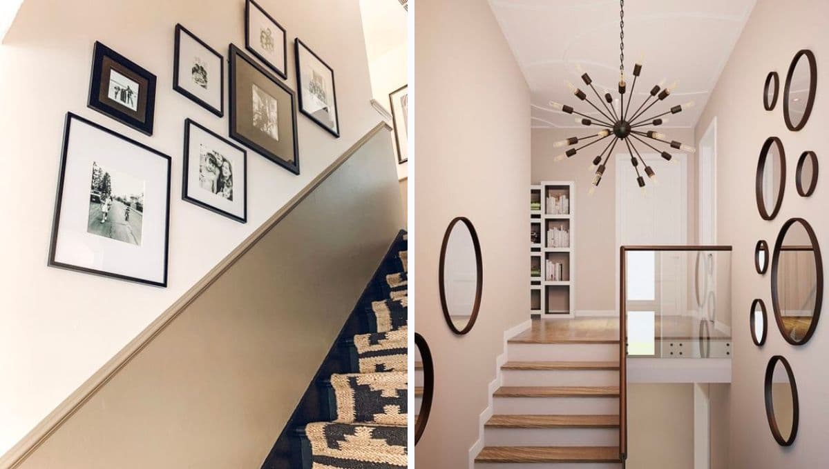 Reforma tu casa con estas ideas para decorar la escalera con cuadros y espejos