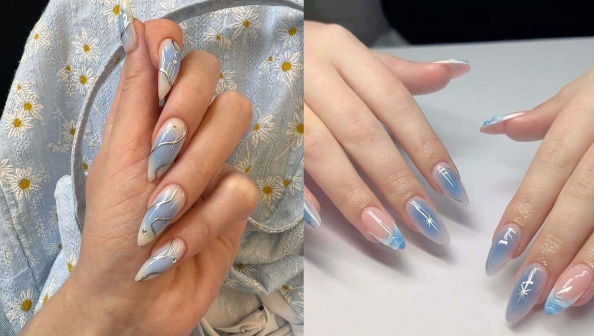 Uñas azules decoradas para darle un pop al color de la primavera 2025