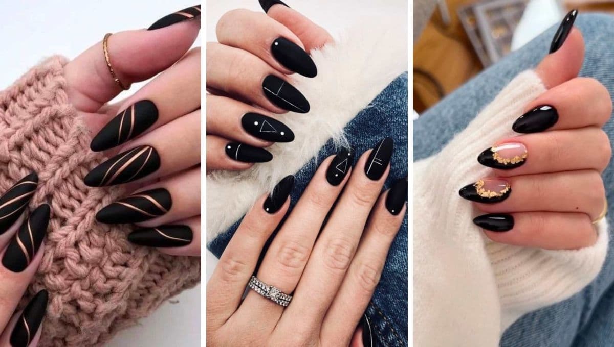 5 diseños de uñas almendradas negras y cortas